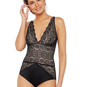 Rhonda Shear Scalloped Adjustable Strap Bodysuit Black/Nude 1X